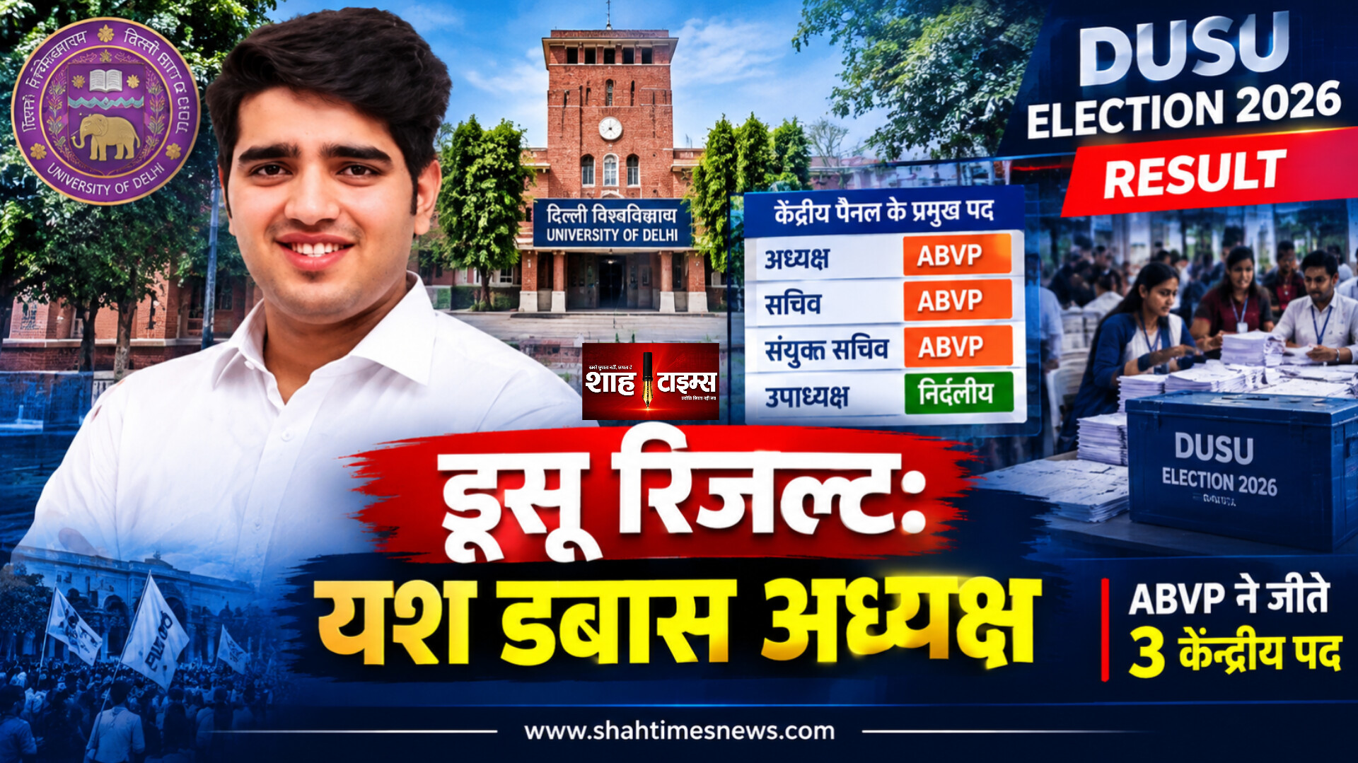 DUSU चुनाव में एबीवीपी के तीन प्रत्याशी जीते, यश डबास बने अध्यक्ष