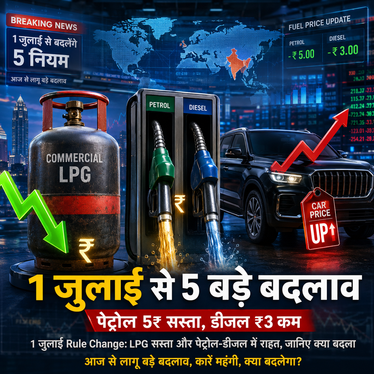 1 जुलाई Rule Change: LPG सस्ता, पेट्रोल-डीजल में राहत, कारें महंगी, आपकी जेब पर कितना पड़ेगा असर?