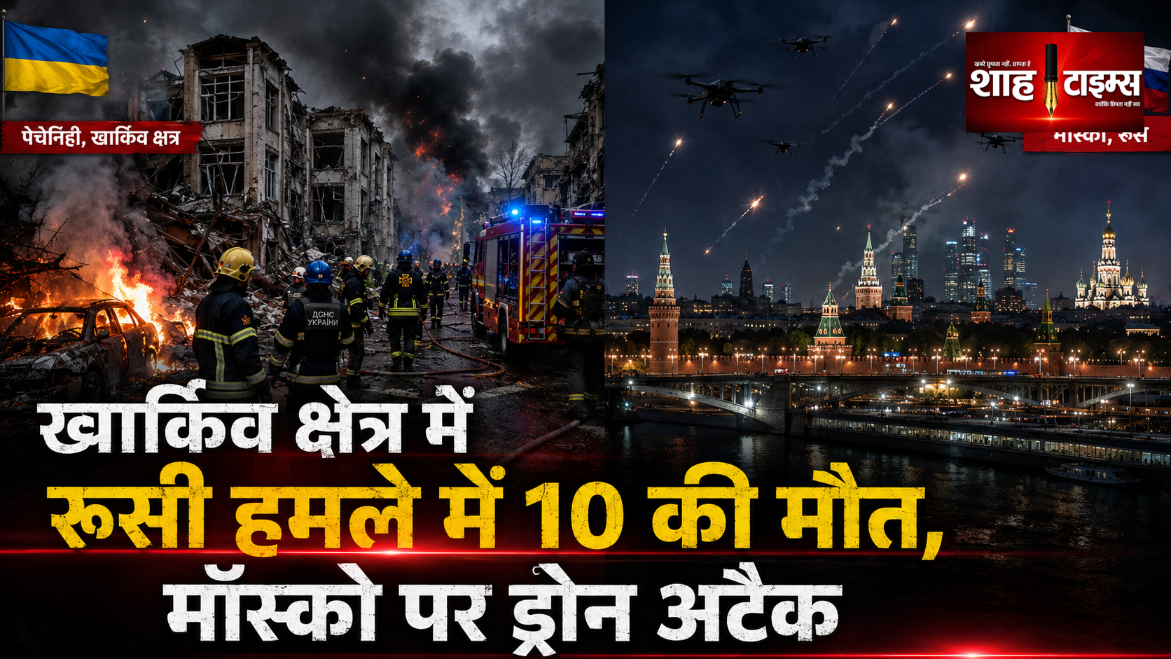 खार्किव क्षेत्र में रूसी हमले में 10 की मौत, मॉस्को पर ड्रोन अटैक