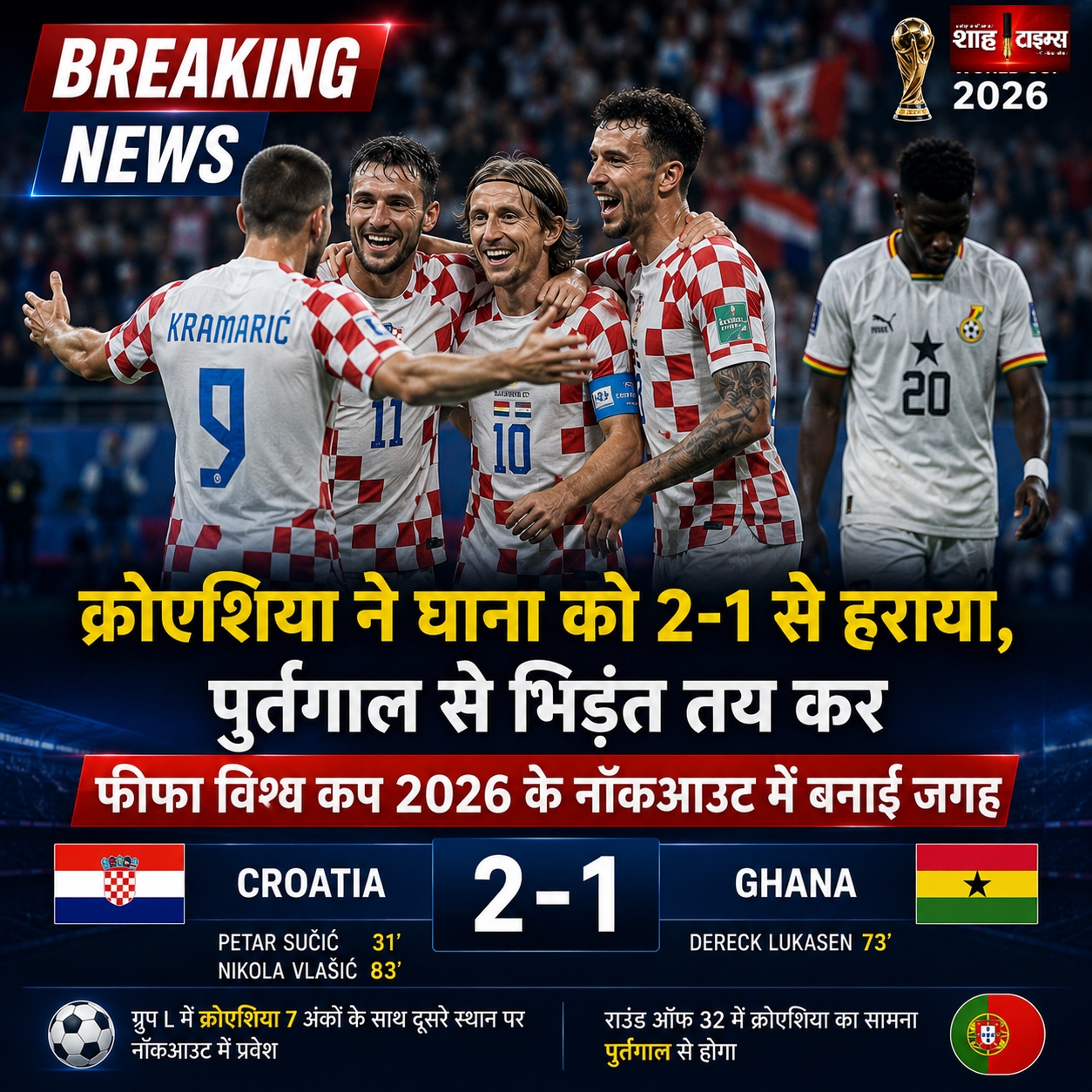 क्रोएशिया ने घाना को 2-1 से हराया, पुर्तगाल से भिड़ंत तय कर फीफा विश्व कप 2026 के नॉकआउट में बनाई जगह