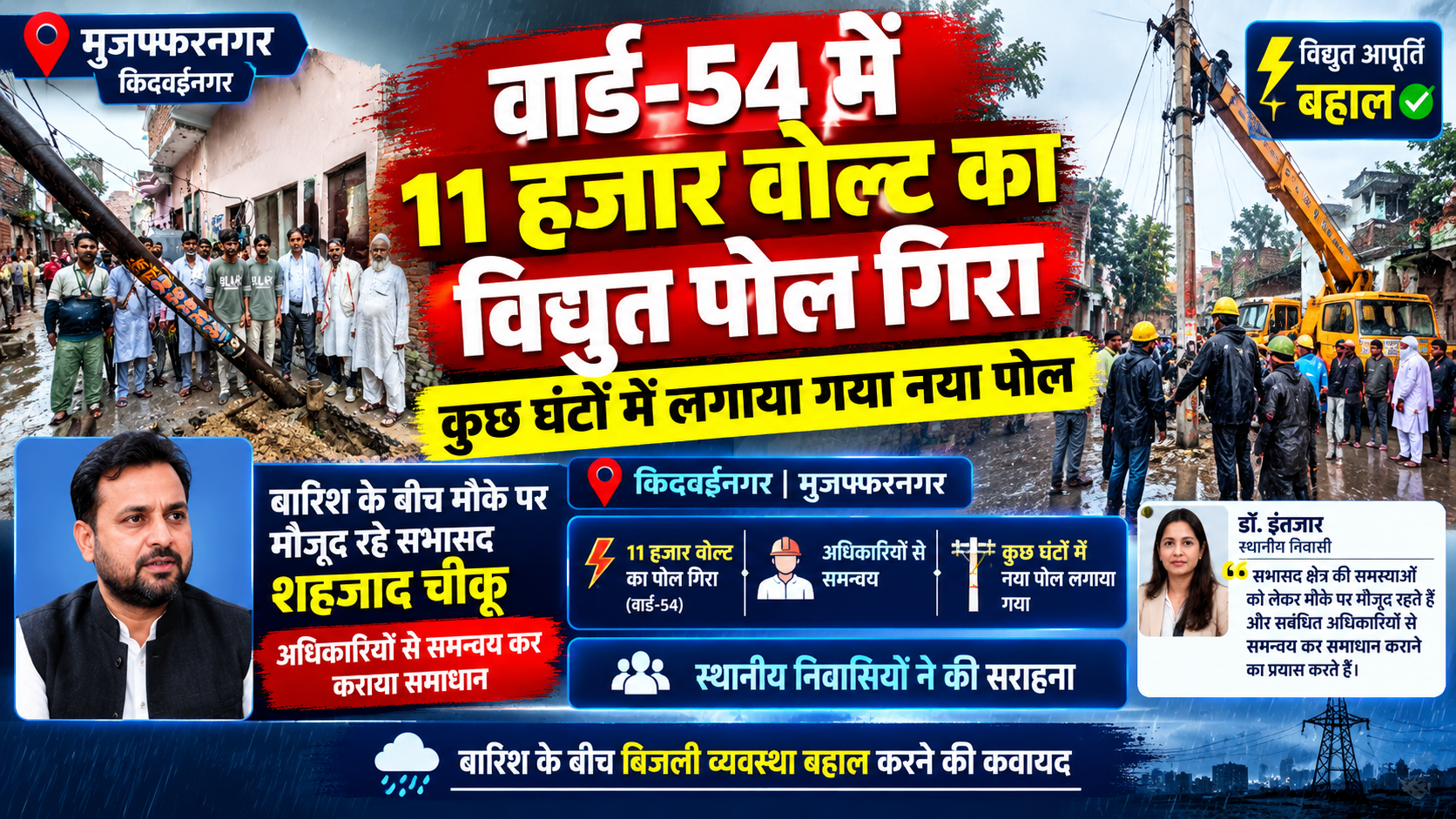 मुजफ्फरनगर के वार्ड-54 में 11 हजार वोल्ट का विद्युत पोल गिरा, कुछ घंटों में लगाया नया पोल