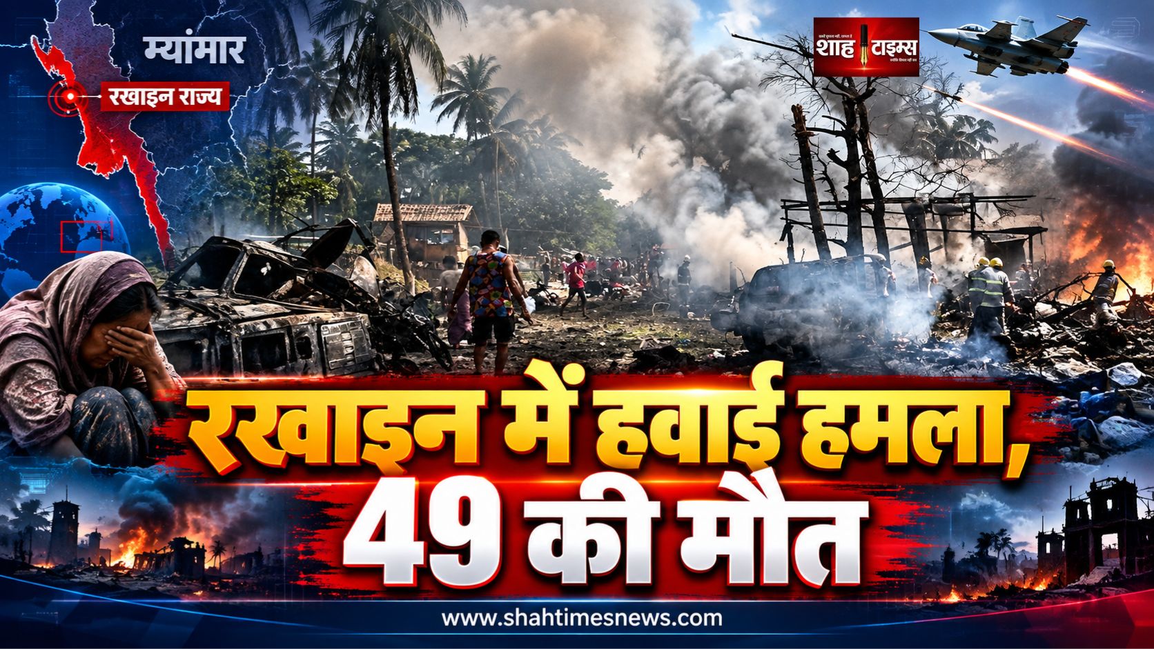 म्यांमार के रखाइन में बाजार के पास हवाई हमला, 49 लोगों की मौत, 58 घायल